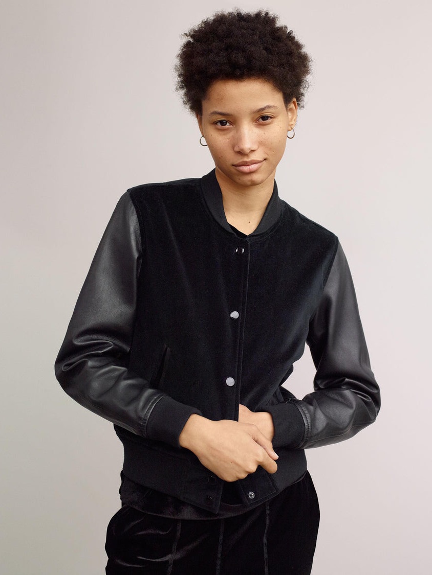 Rag & Bone Camden Lamb, Leather And Velvet Bomber Jacket, Black Size Small